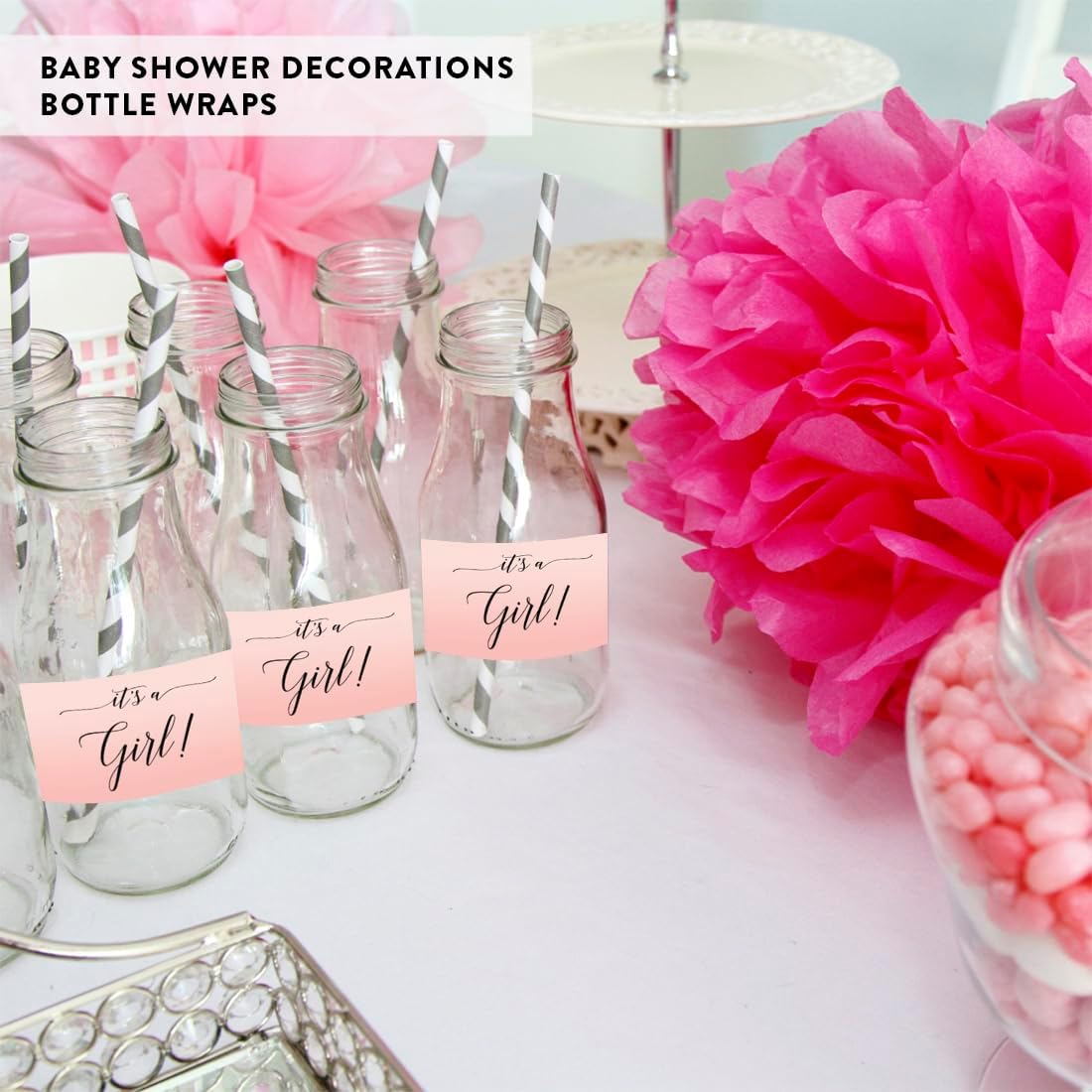 Andaz Press Blush Pink Rose Elegant Party Baby Shower Collection, Waterproof Water Bottle Labels
