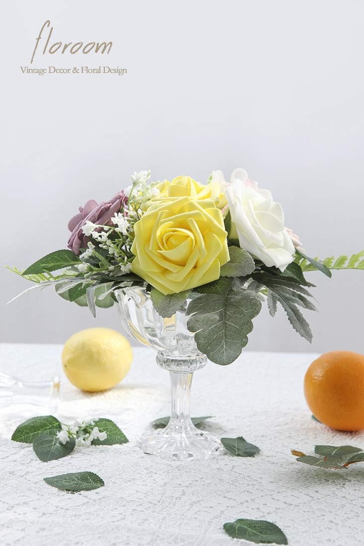Floroom Artificial Flowers 50pcs Realistic White Foam Fake Roses with Stems for DIY Wedding