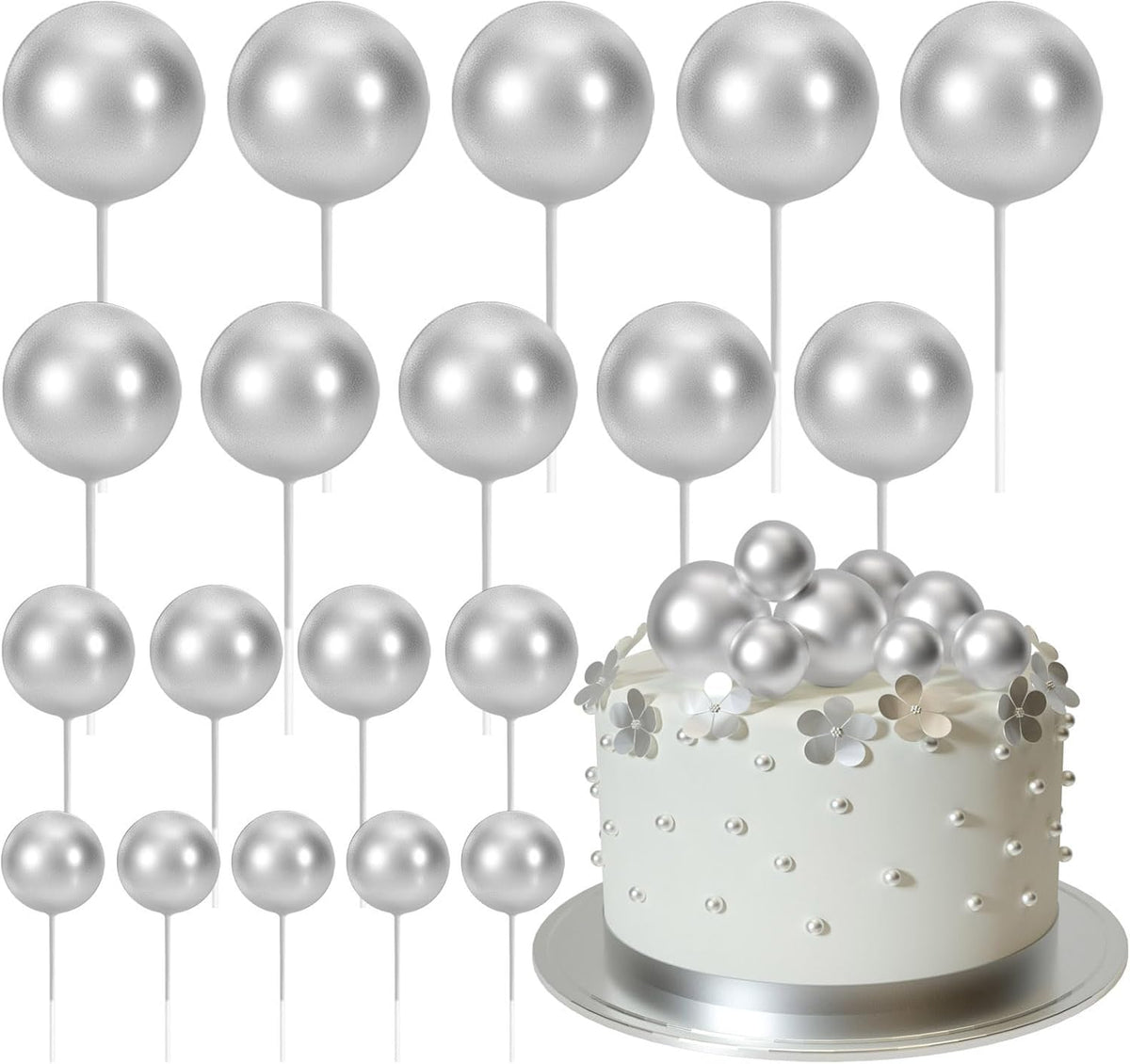 ASTARON 20 Pcs Ball Cake Topper Decorations Mini Balloons Cake Topper Sticks Silver Cake Balls for
