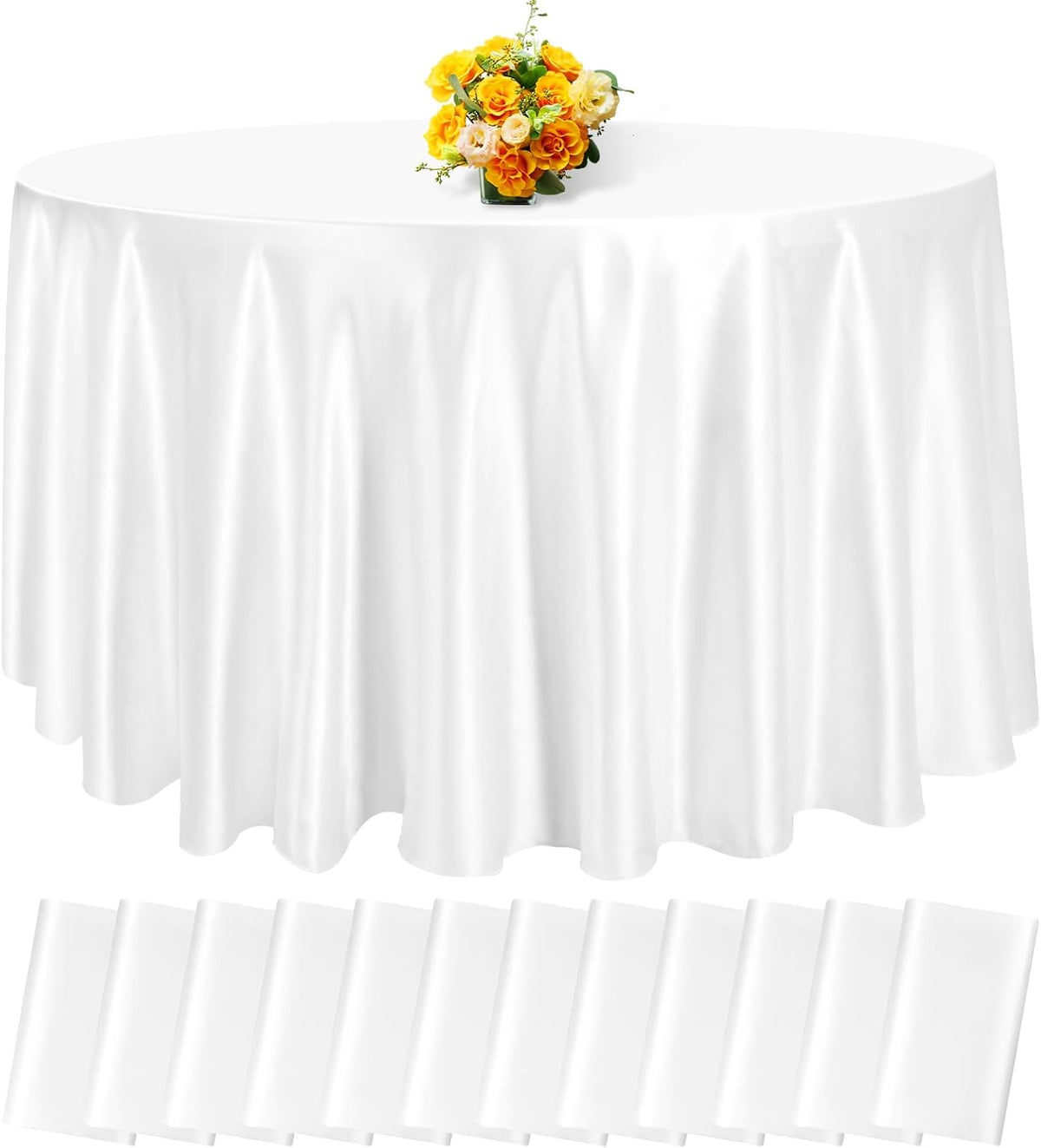12 Pack 120 Inch White Satin Tablecloth - Premium Bright Silky Round Tablecloth Overlay Smooth