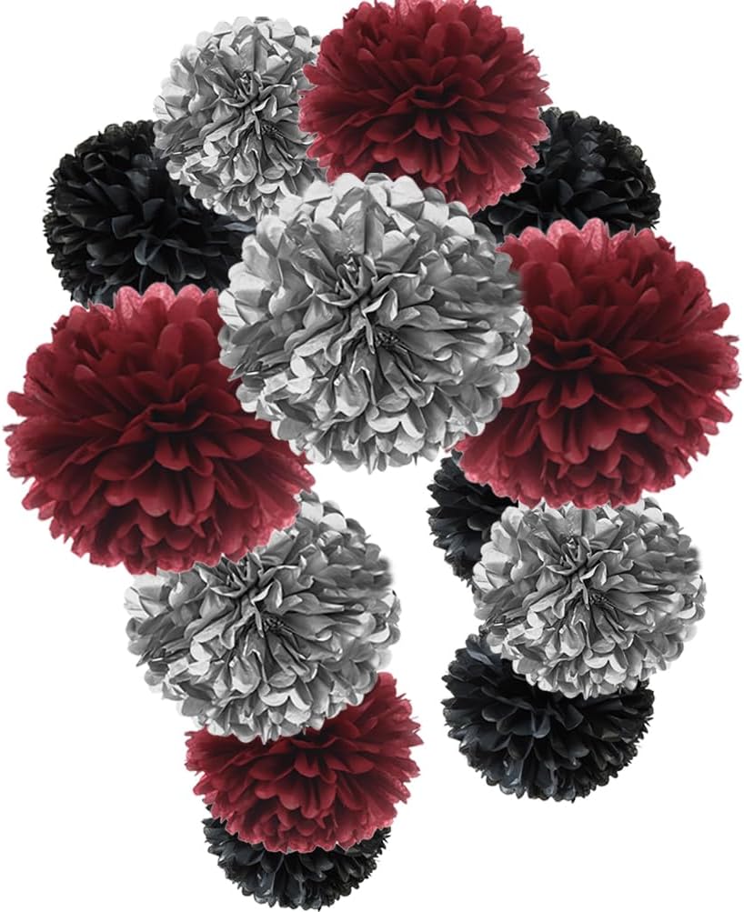 Burgundy Silver Black Tissue Paper Pom Poms Flower for Birthday Wedding Graduation Retirement Party