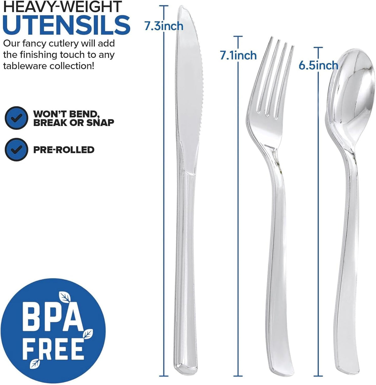 400PCS Pre Rolled Silver Plastic Silverware Sets - Heavy Duty Silver Cutlery - Include 100 Pack