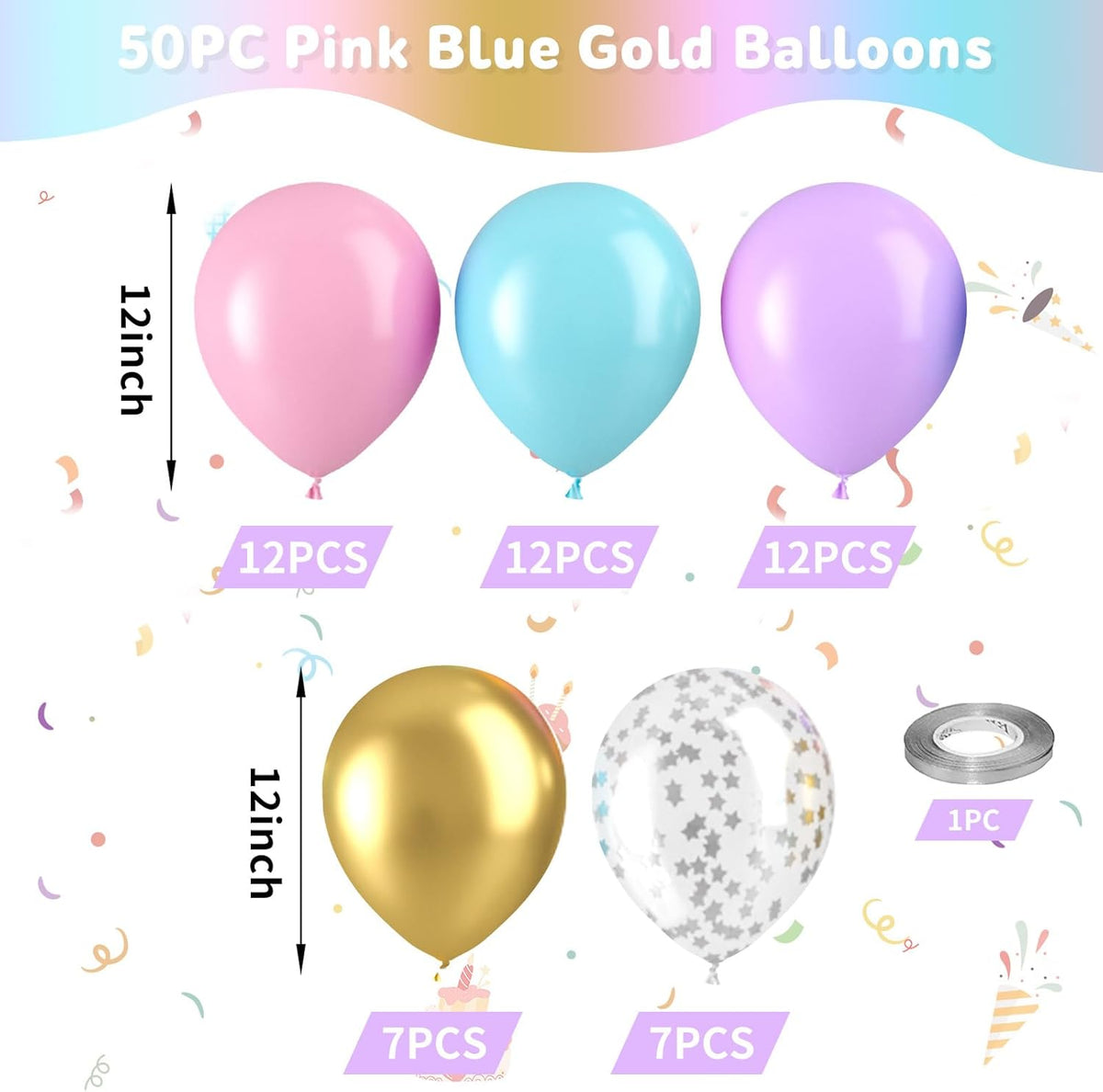 Pink Blue Gold Balloons, 50pcs Pink Blue Purple Balloons, Gold Macaron Pink Purple Teal Balloon
