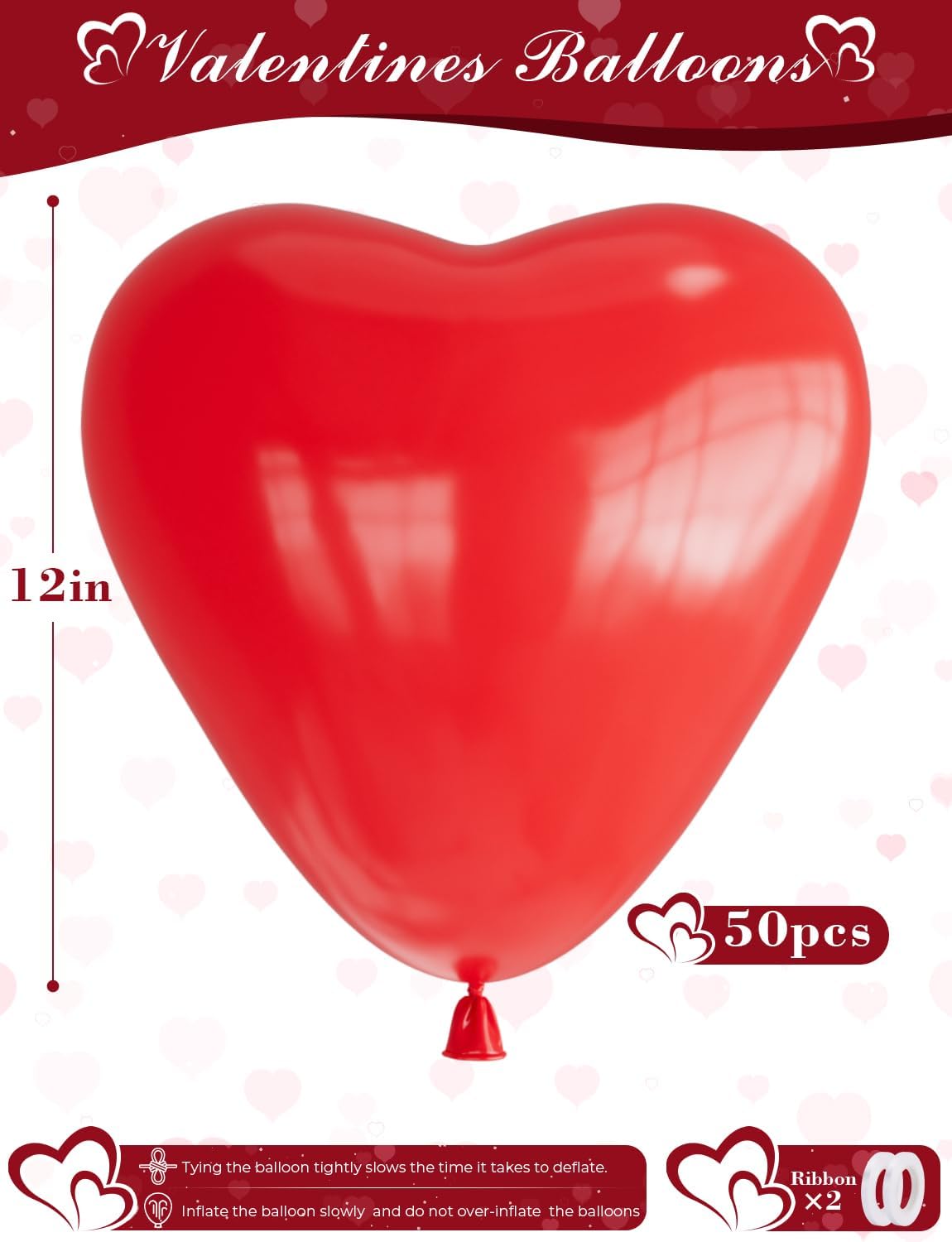 Red Heart Balloons, 50 Pcs 12 Inch Heart Shaped Balloons, Red Latex Balloon, Romantic Valentines