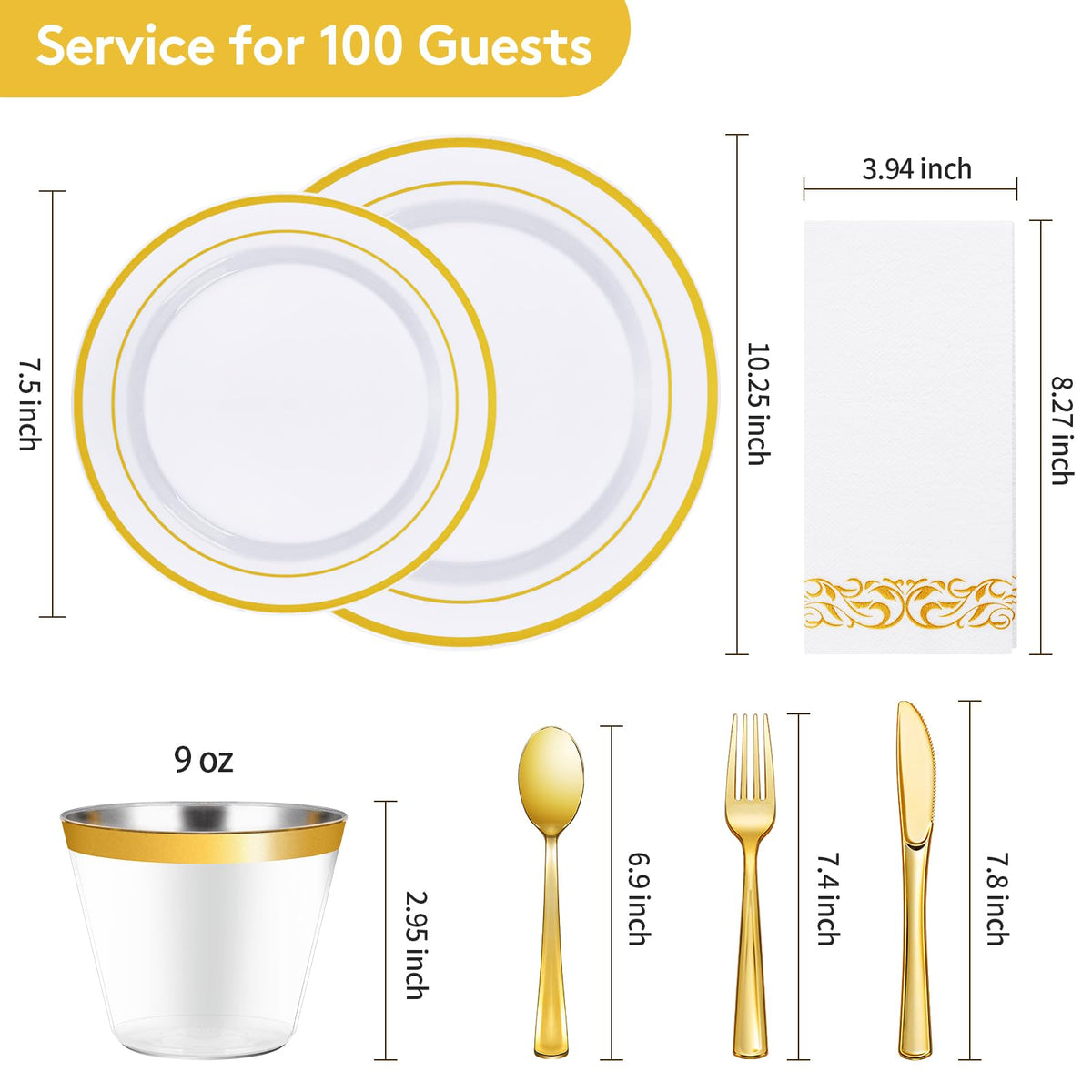Goodluck 700 Piece Gold Dinnerware Set for 100 Guests, Disposable Plate Set