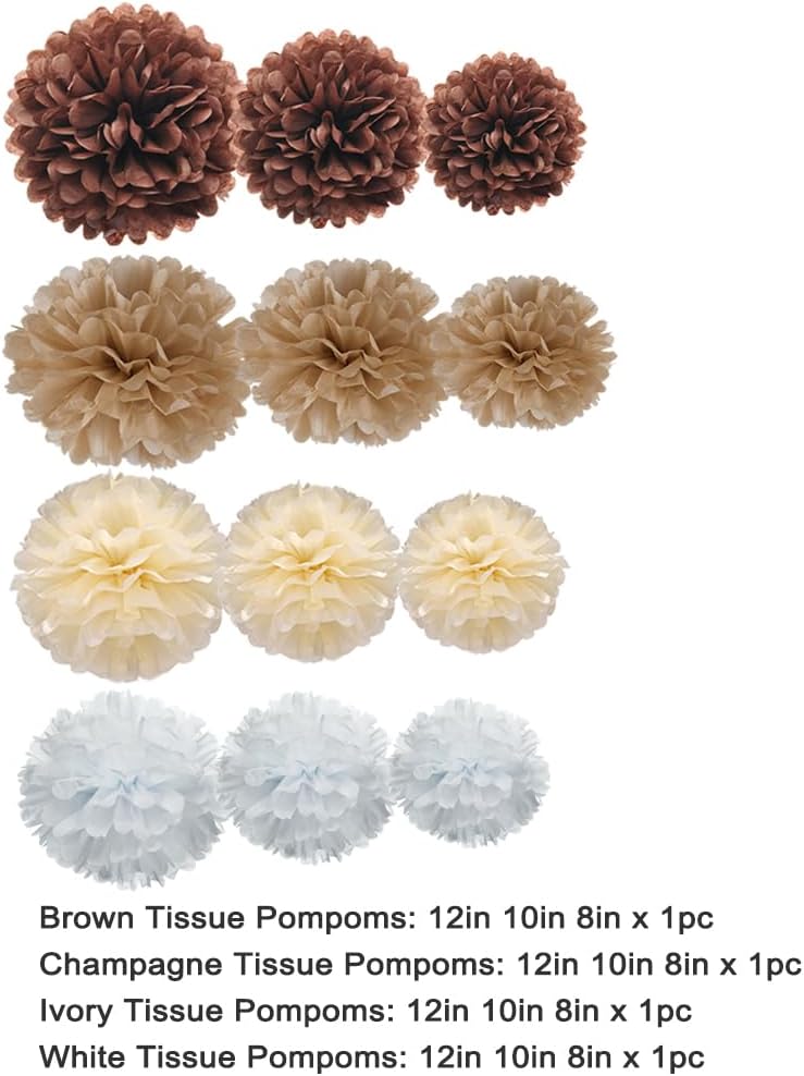 Brown Champagne Tan Ivory and White Tissue Paper Pom Poms Flower for Neutral Baby Shower Birthday