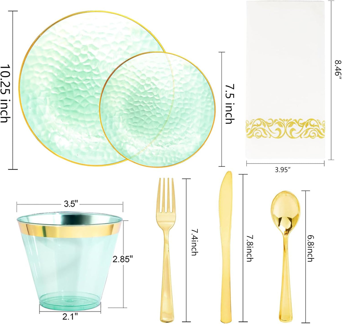 Rubtlamp 175 Pcs Green Plastic Plates Dinnerware Set (25 Guests), Hammered Plates Sets, Green