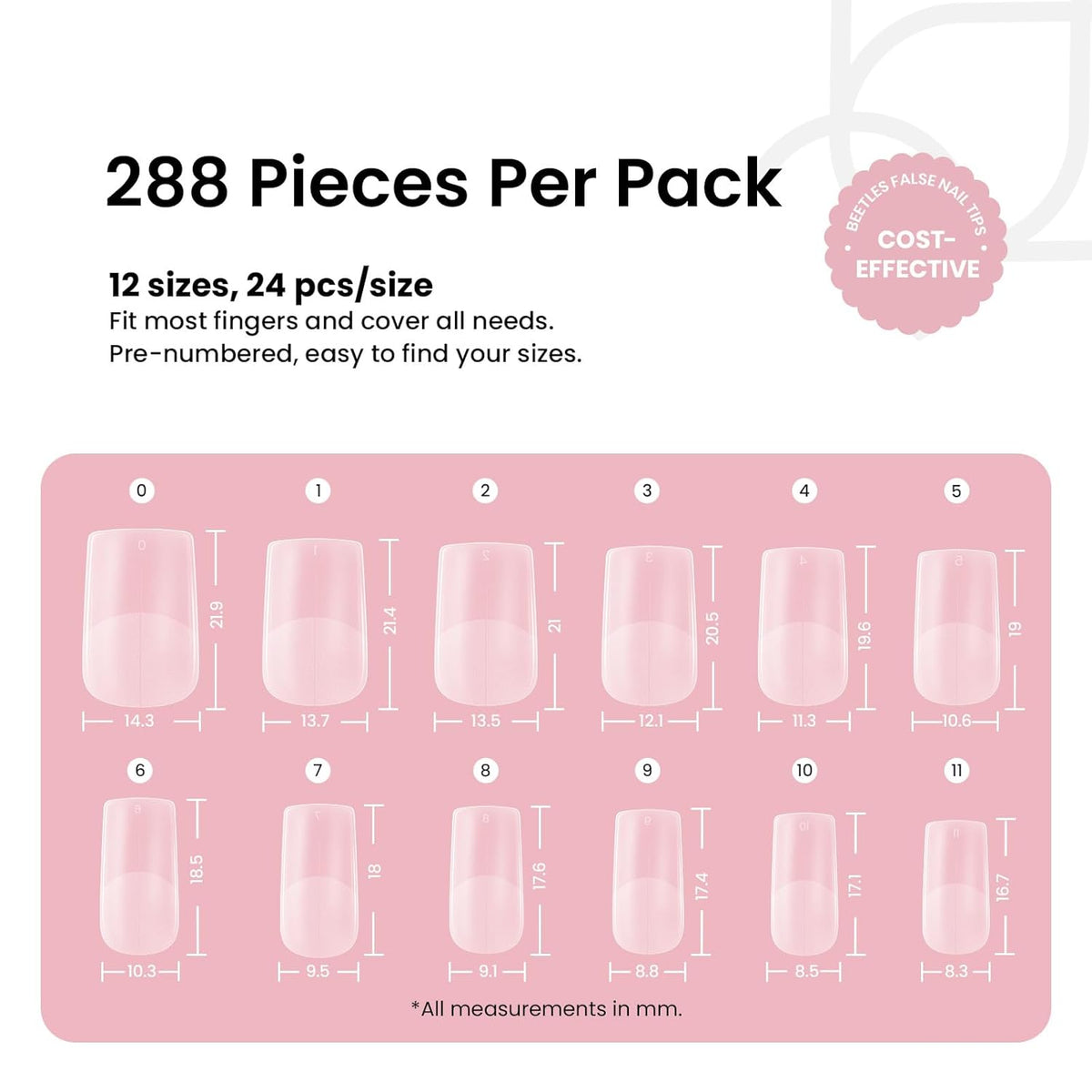 Beetles Short Square Nail Tips, 12 Sizes 288pcs French Full Matte Soft Pre-shaped Etch X Nail Tips