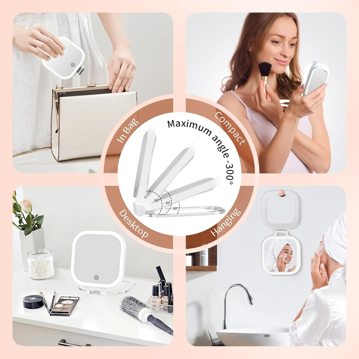 Compact Travel Makeup Mirror with Lights, 1X/30X Double-Sided Magnifying Mirror, 3 Color LED