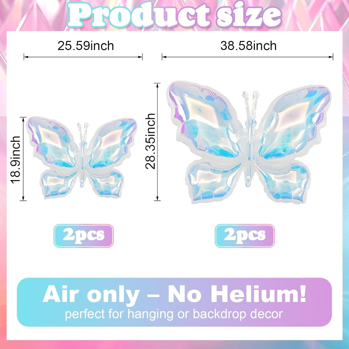 4Pcs Iridescent Foil Balloons, Iridescent Butterfly Foil Balloons, Rainbow Butterfly Holographic