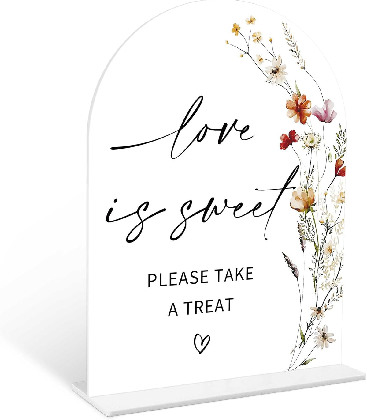 Boho Floral Love is Sweet Sign, 6 x 8 Inch White Arch Acrylic Wedding Sign with Holder, Wedding