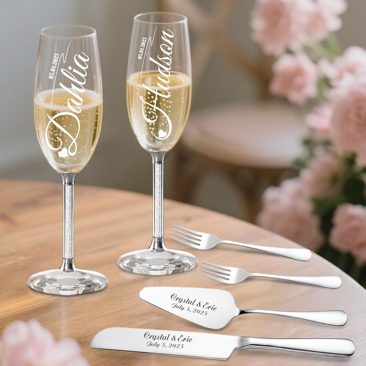 HJX Personalized Wedding Cake Knife and Server Set with Champagne Flutes, Custom Name Text Toasting