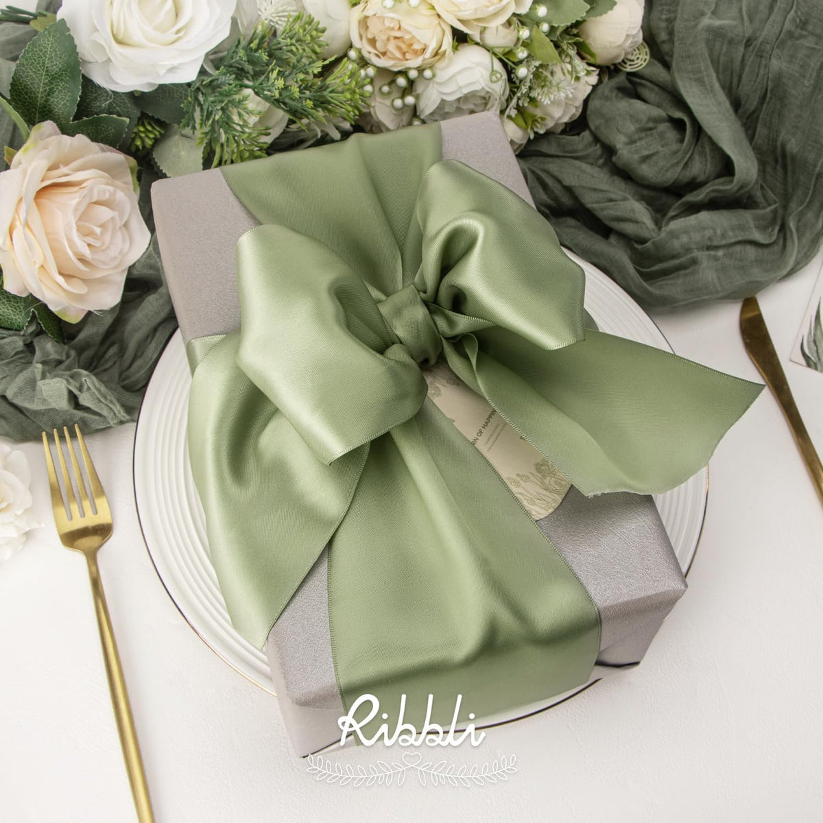 Ribbli Dusty Sage Satin Ribbon 4 Inch Wide Sage Green Ribbon for Wedding Chair Sash Grand Opening