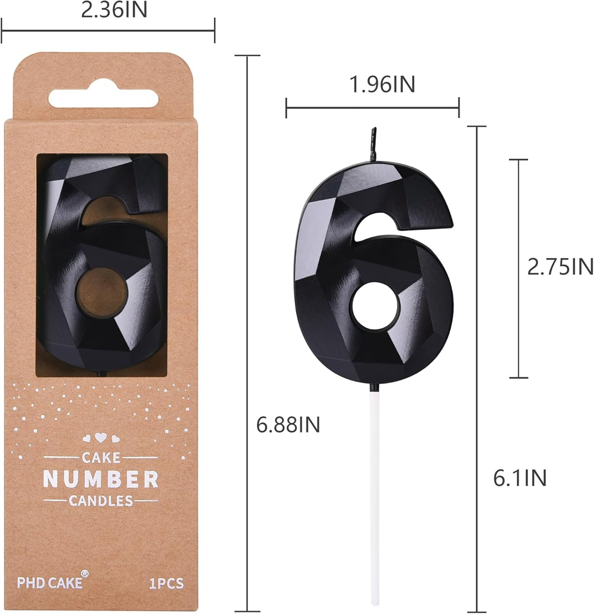 PHD CAKE 2.76 Inch Crystal Black 6 Number Birthday Candles, Black Number Candles, Cake Number