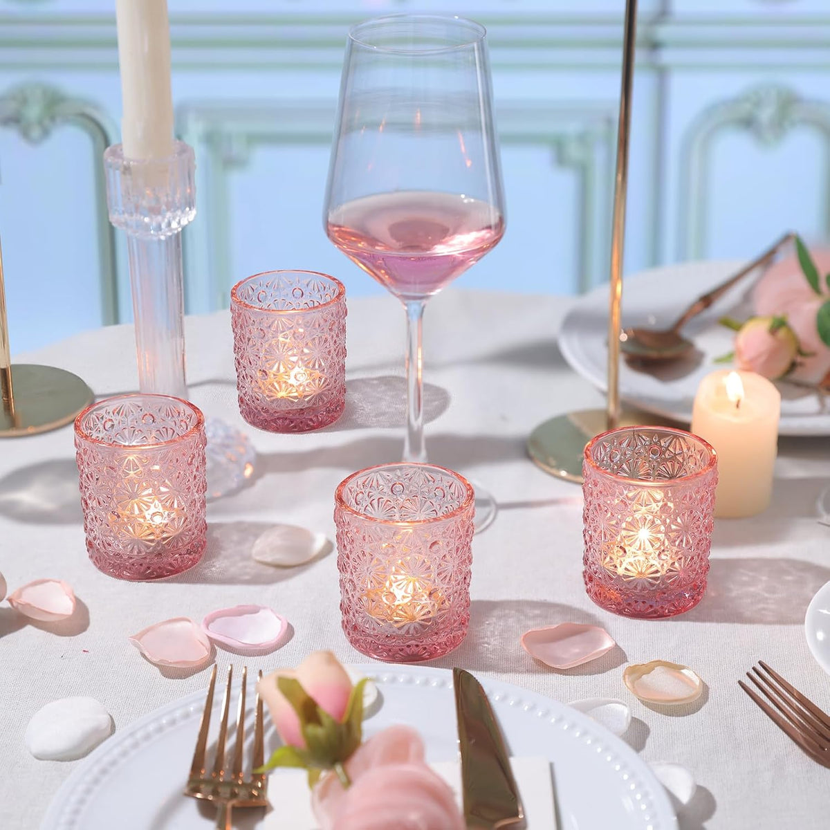 Pink Votive Candle Holder Set of 36, Flower Tea Lights Candles Holders for Wedding Table