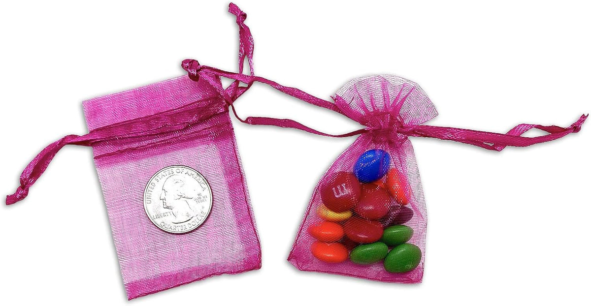 TheDisplayGuys 100-Pack XS 2 x 2 3/4" Hot Pink Sheer Organza Gift Bags with Drawstring, Jewelry
