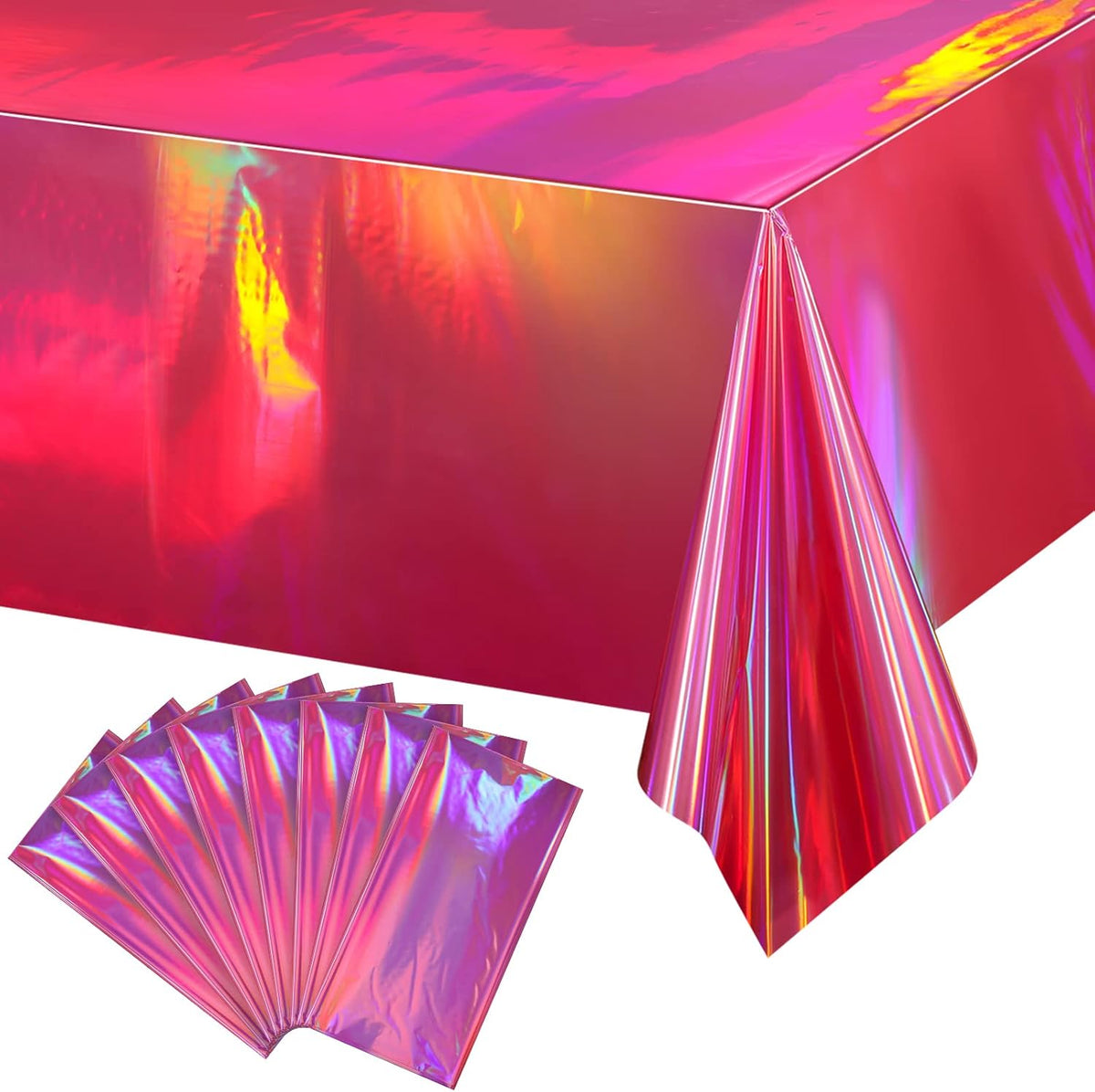 8 Pack Hot Pink Iridescence Plastic Tablecloths Shiny Disposable Laser Rectangle Table Covers
