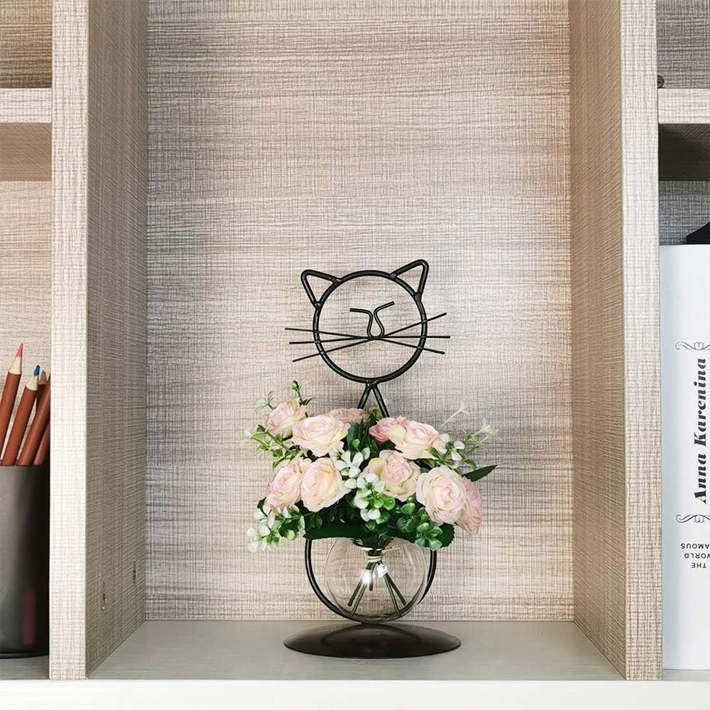 Marbrasse Desktop Glass Planter Vase Holder, Modern Creative Cat Plant Terrarium Metal Stand for