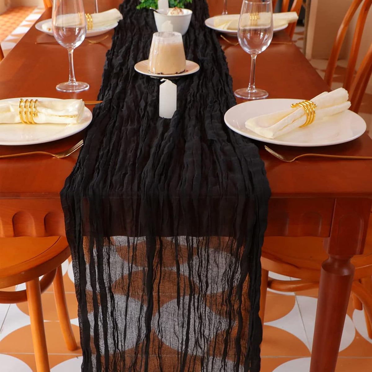 Snowkingdom 13Ft Black Cheesecloth Table Runner, 160inch Long Cheese Cloth Boho Gauze Runner for