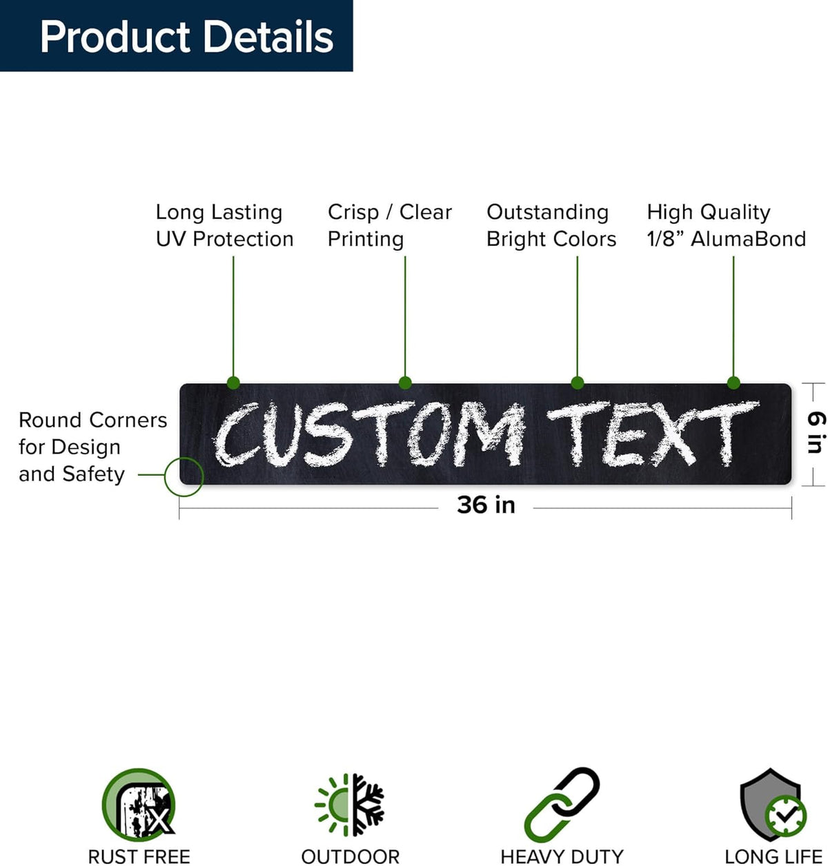 Custom Sign, Custom Street Sign, 11 Font Colors, 13 Font Styles, 4 Hole Options, 22 Sizes, 6x36