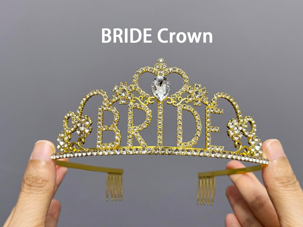 JETKONG 3 Pcs Bachelorette Party Decorations "BRIDE" Crown, Bride to Be Sash&Veil for Women