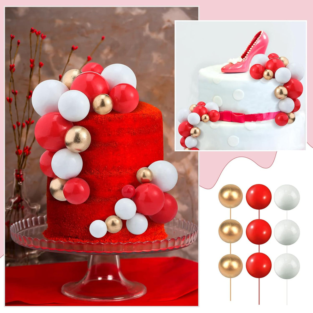 108 Pcs Balls Cake Topper DIY Cupcake Insert Foam Balloons for Cake Baking Wedding Anniversary