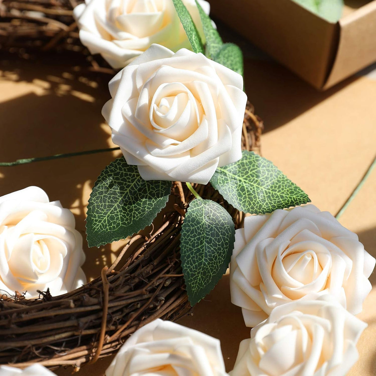 AmyHomie Artificial Flowers Champagne Rose 50pcs Real Looking Fake Roses w/Stem for DIY Wedding