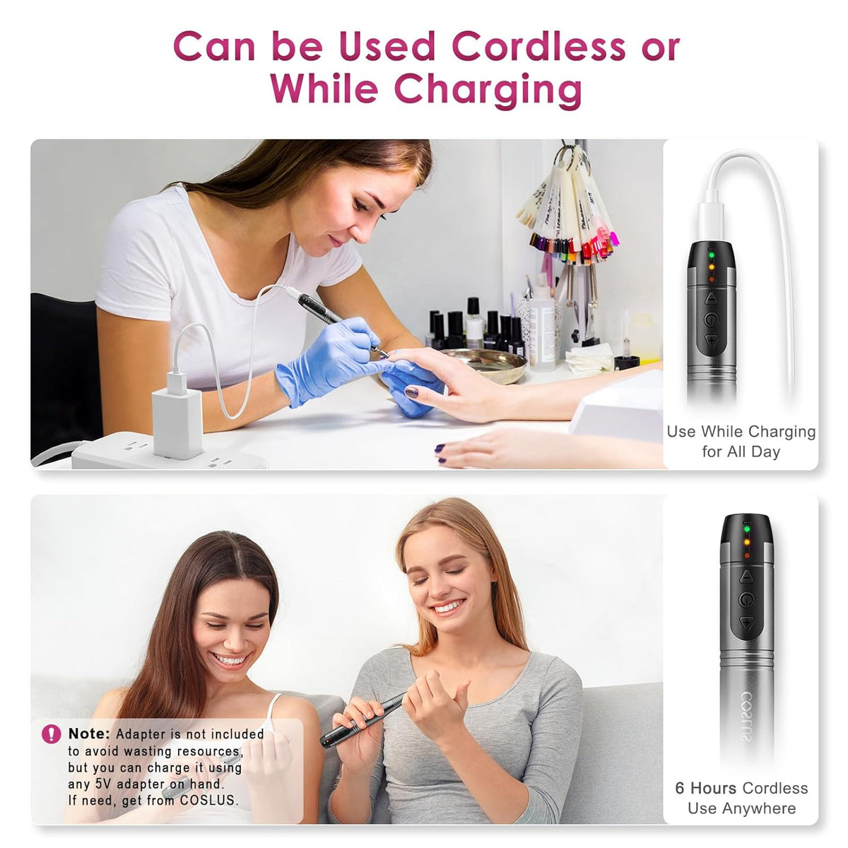 COSLUS Cordless Nail Drill Electric File: Professional for Acrylic Gel Dip Powder Nails Portable