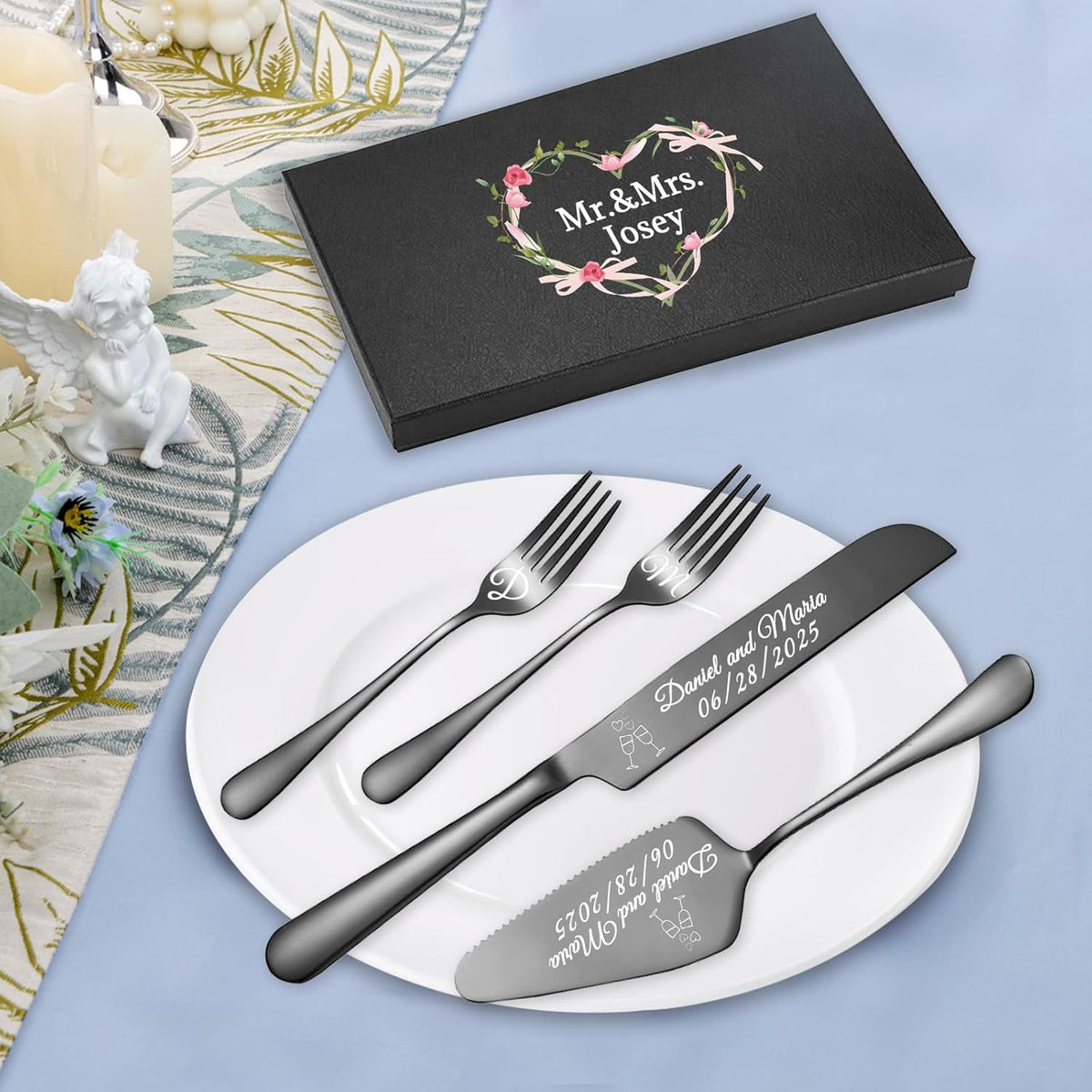 Personalized Wedding Cake Knife and Server Set, Custom Names Cake Cutting Set with Stainless Steel