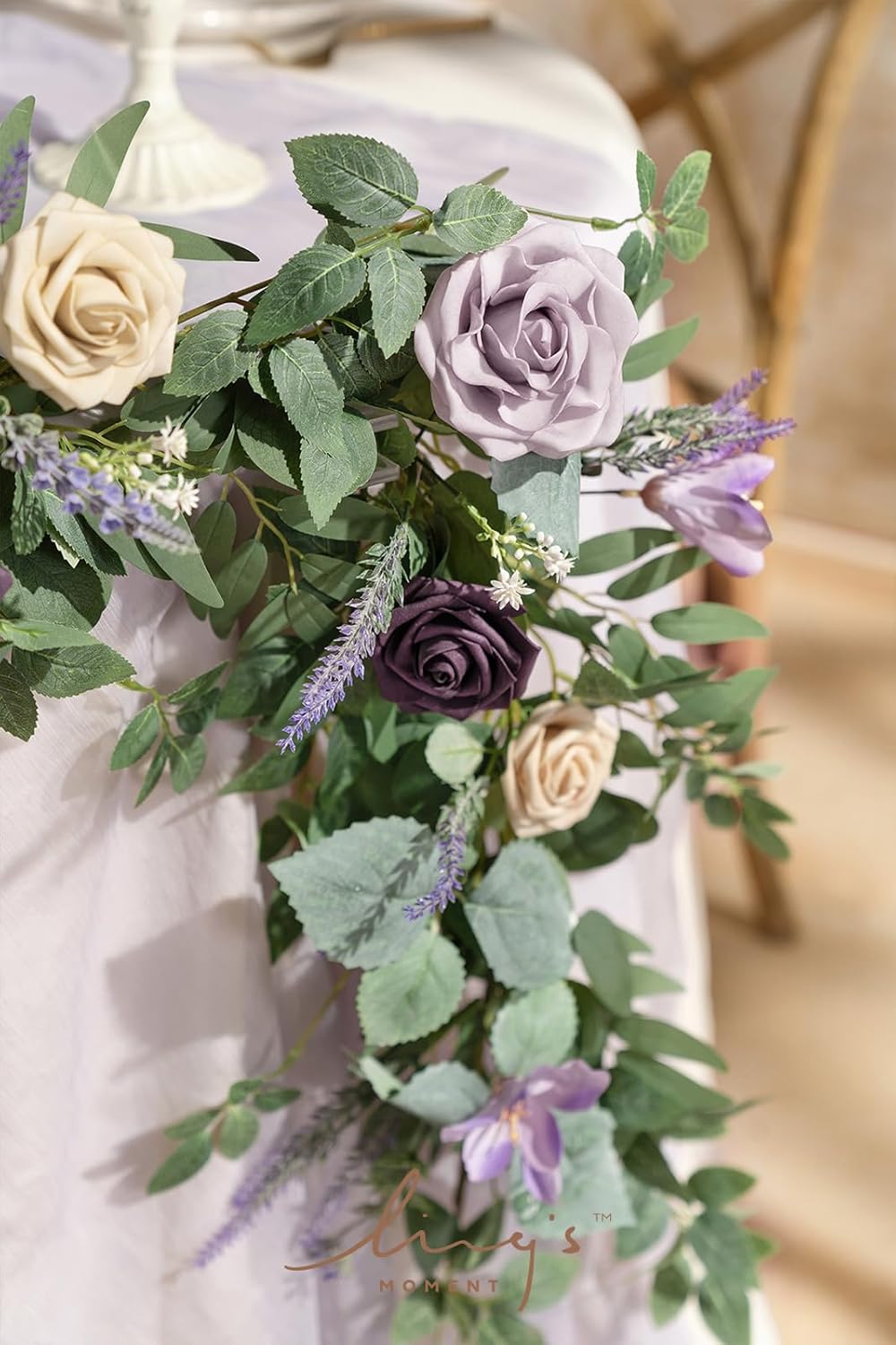 Ling's Moment 9FT Eucalyptus and Willow Leaf Garland with White Flower, Handcrafted Wedding