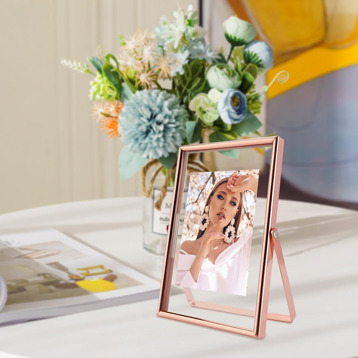 Rose Gold Floating Frame, 4"x6", Vertical, For Picture 3.5x5, 3x4, 2x3, Mini Tabletop Photo Frame