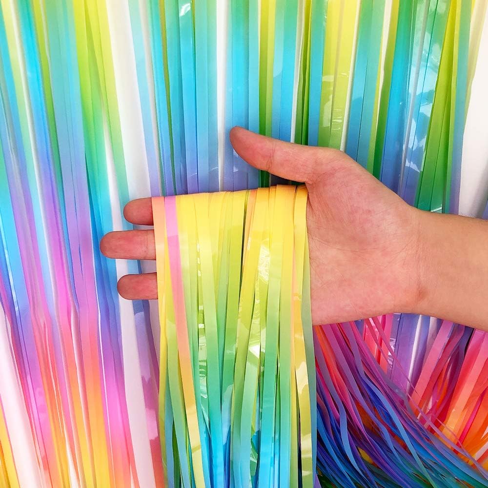 BEISHIDA 2 Pack Light Rainbow Foil Fringe Curtain Assorted Colorful Tinsel Metallic Curtains Photo