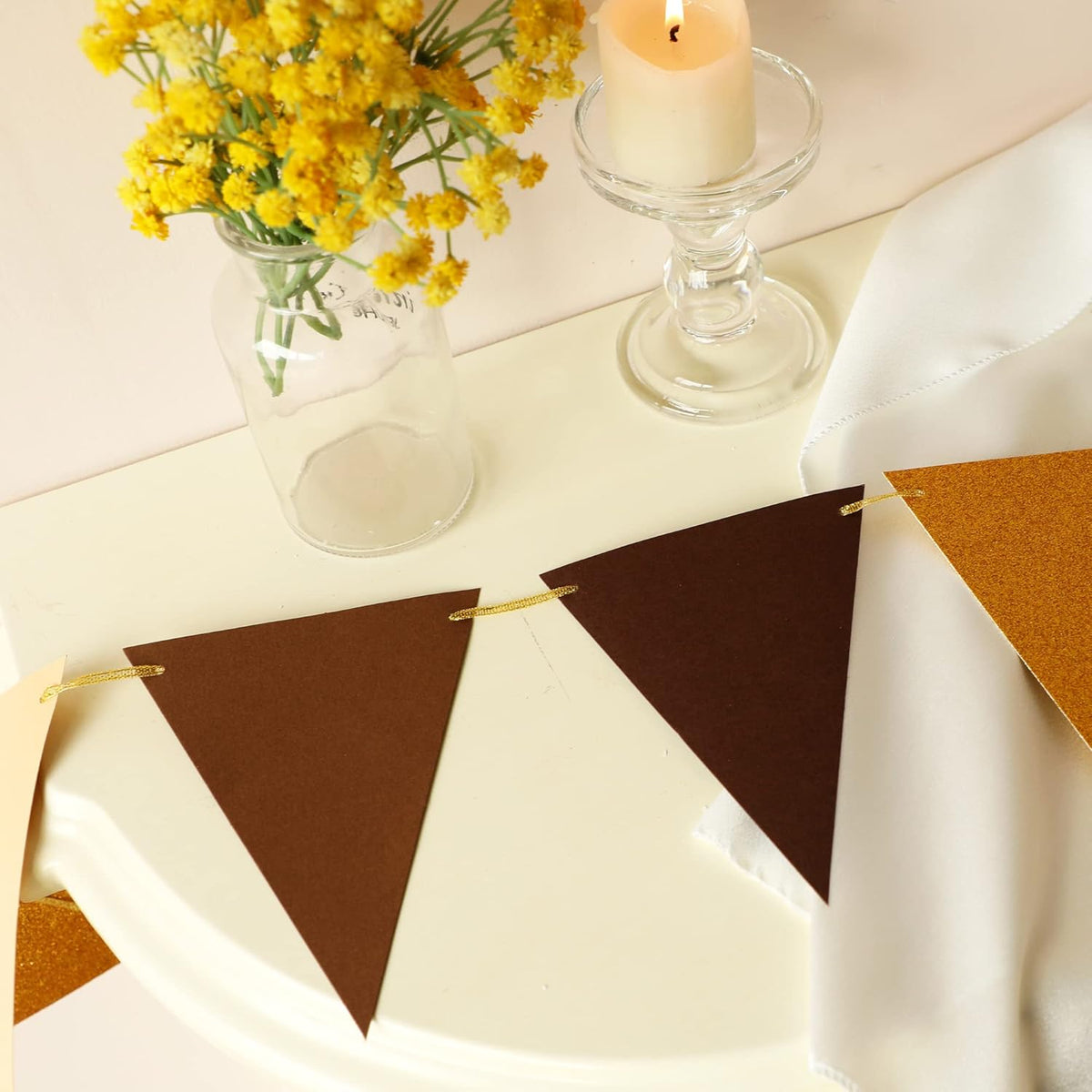 Fonder Mols Paper Pennant Party Decorations Coffee Brown Gold(10 Feet), Triangle Flags Bunting for