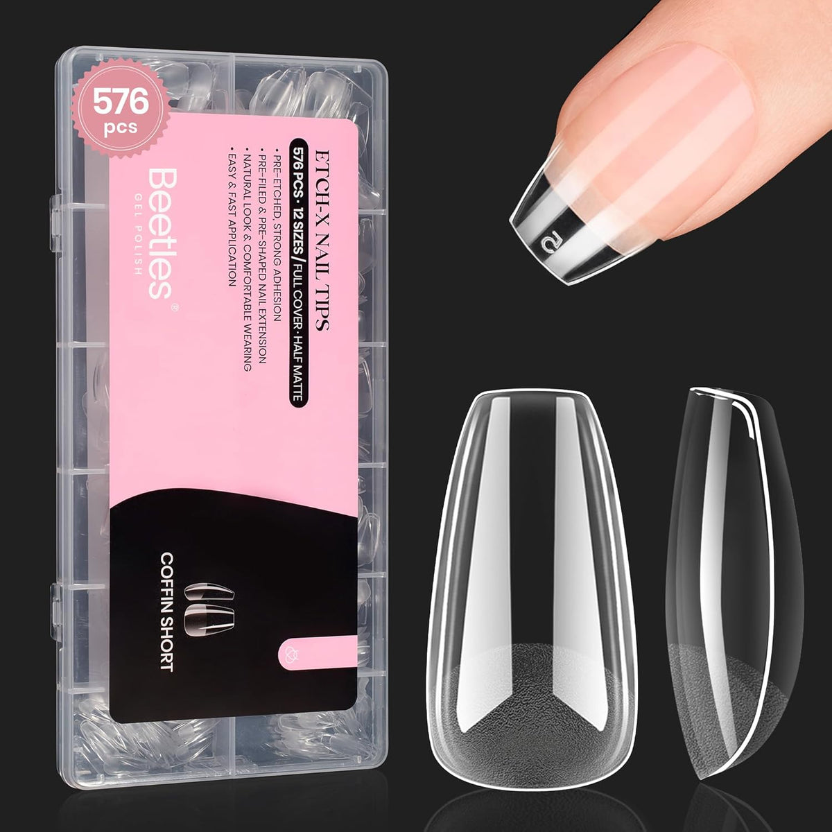 Beetles Short Coffin Nail Tips 576 PCS Half Matte Pre-shape Short Coffin Fake Nails 12 Sizes Full