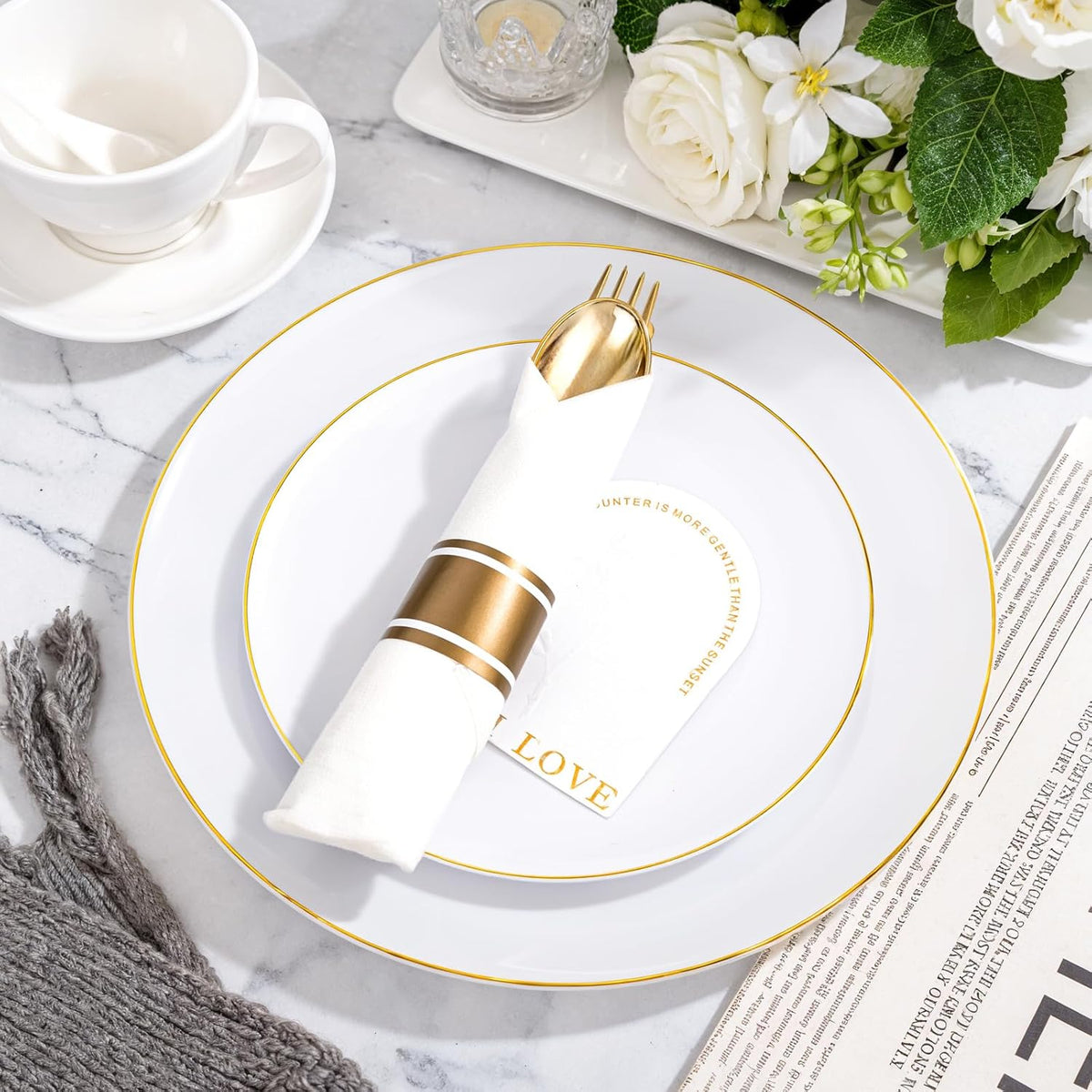 KIRE 175PCS Gold Plates Disposable - Heavy Duty White and Gold Plastic Plates Dinnerware Sets - 25