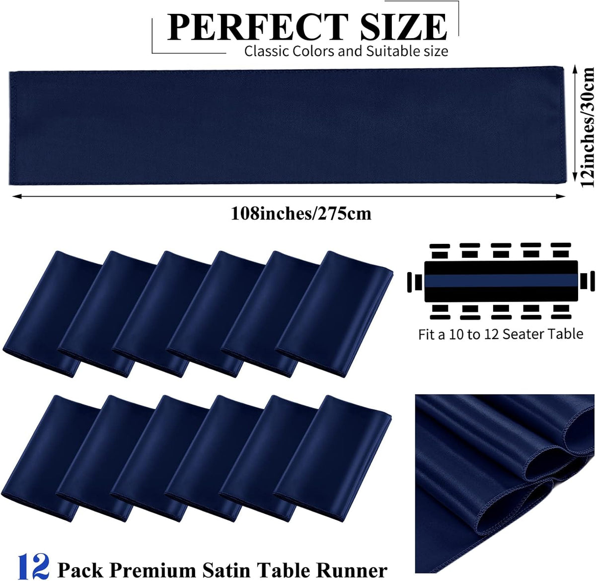 12 Pack Navy Blue Satin Table Runner,12 x 108 inch Long Premium Smooth Table Runner for Wedding