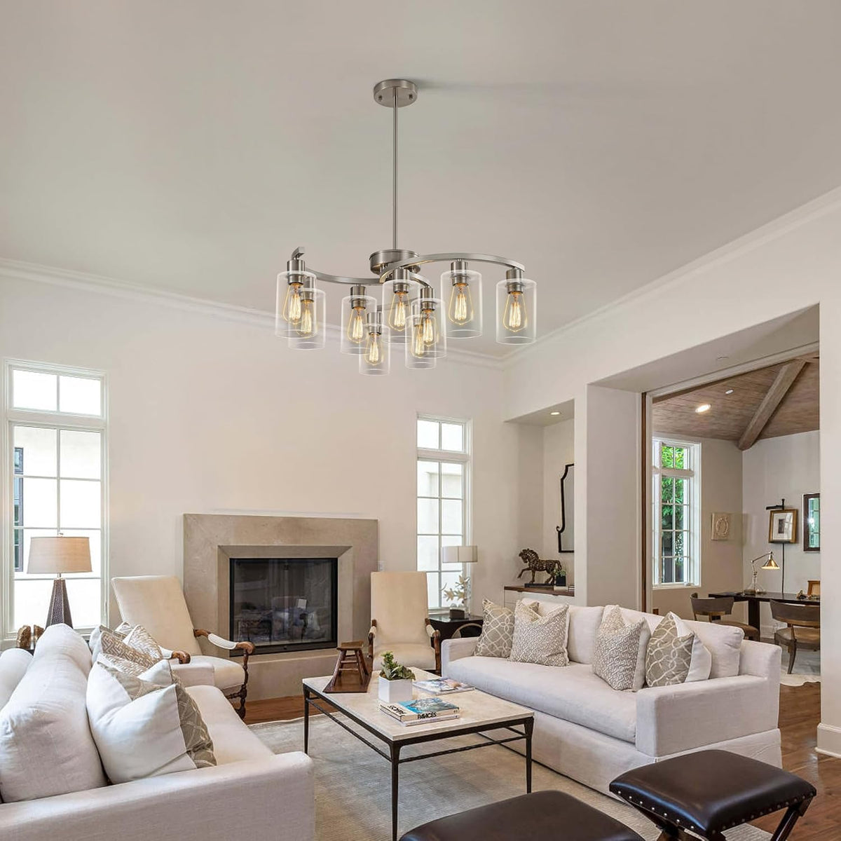 9-Light Brushed Nickel Glass Chandelier, Adjustable Height Hanging Industrial Dining Room