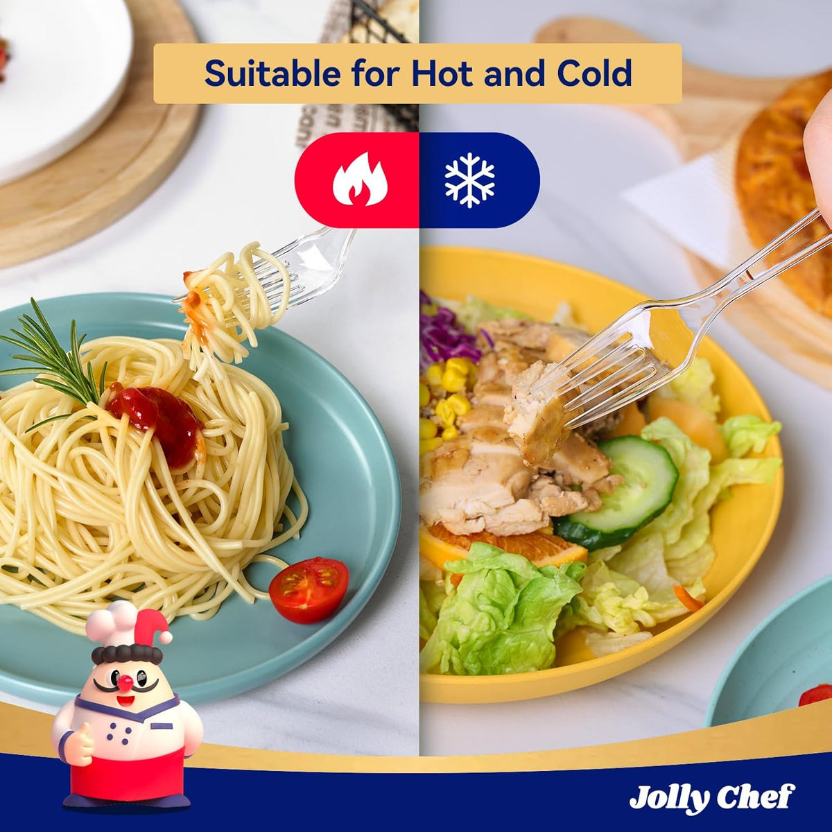 JOLLY CHEF 300 Count Clear Plastic Forks Heavy Duty, 7.1" Heat Resistant Solid and Durable Plastic