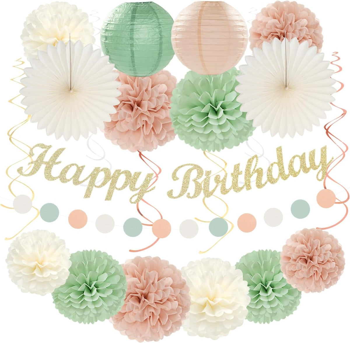 Sage-Green Pink First Happy Birthday Party-Decorations - 22pcs 18th Women Girls Paper Lanterns