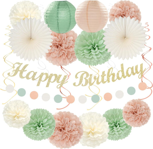 Sage-Green Pink First Happy Birthday Party-Decorations - 22pcs 18th Women Girls Paper Lanterns