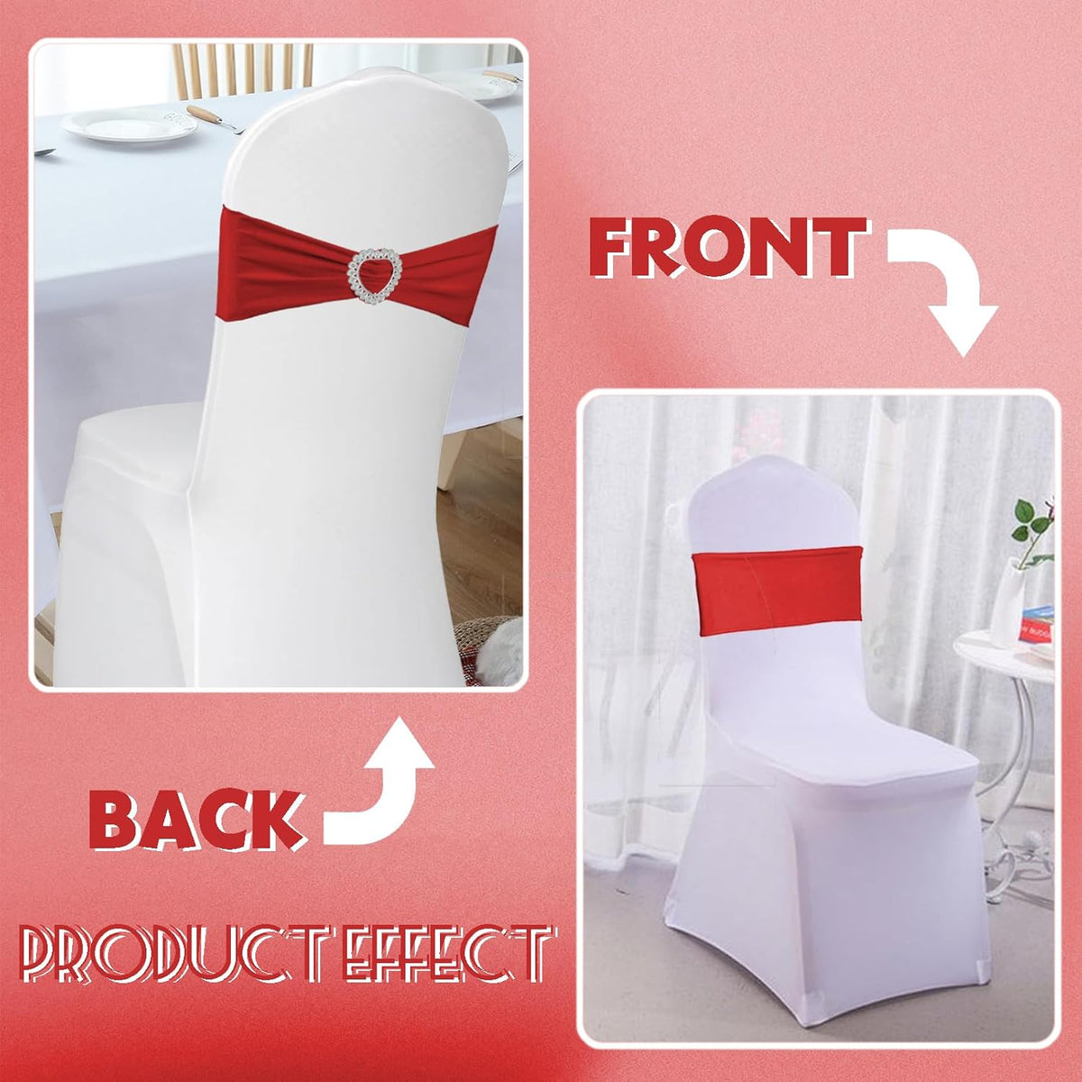 100PCS Spandex Stretch Red Chair Sashes Bows Universal Elastic Chair Cover Bands Ties with Buckle