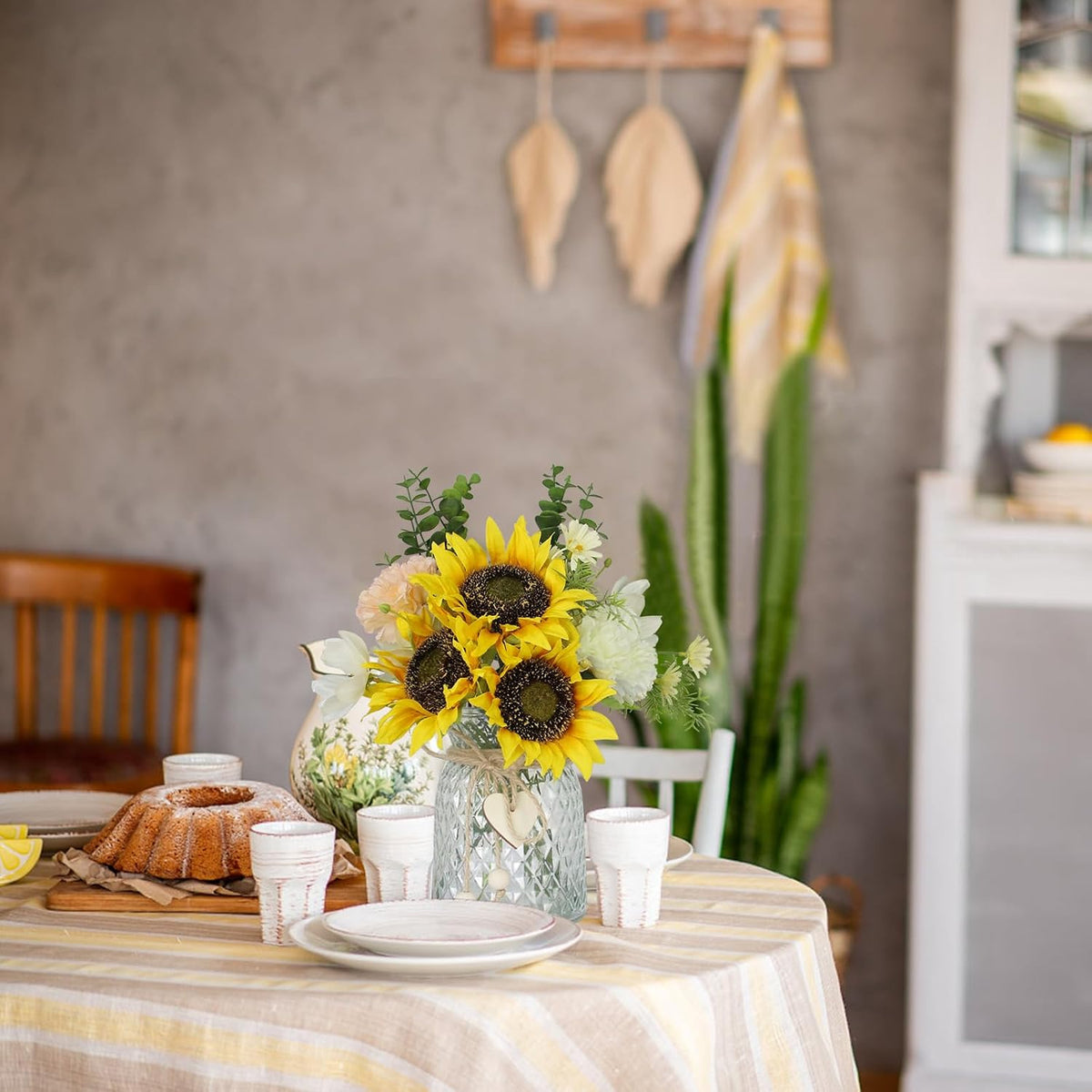 Artificial Sunflower Bouquets - Silk Fake Flowers with Vase, Centerpieces for Dining Room and
