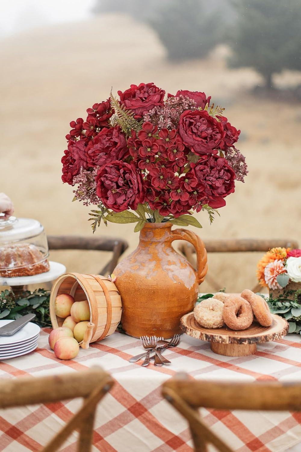 Hollyone 2 Bundles Artificial Fall Flowers Bouquet 18.8" Red Peony Hydrangea Fake Fall Floral Silk