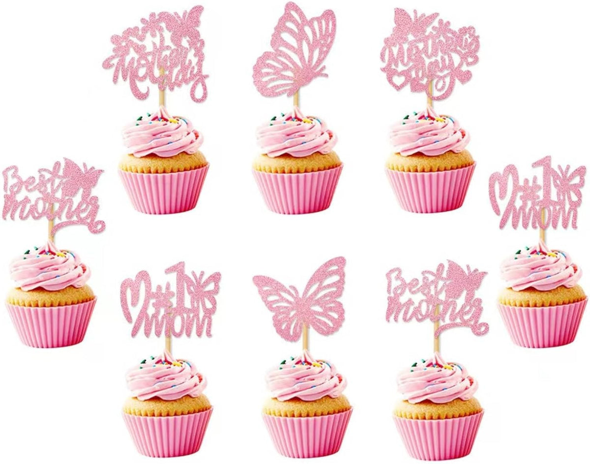 12Pcs Birthday Cupcake Toppers,Pink Glitter Cake Toppers Butterfly Cupcake Picks for Coquette Theme