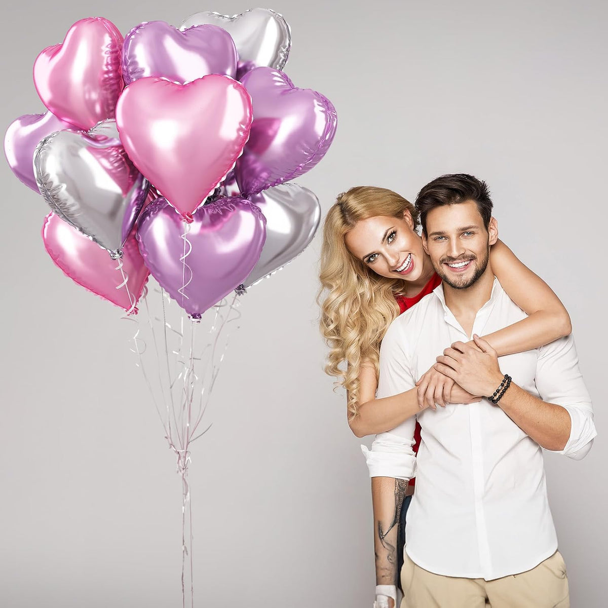 Pink Purple Foil Heart Balloons, 18 Inch 12Pcs Lavender Purple Pink and Silver Heart Shape Foil