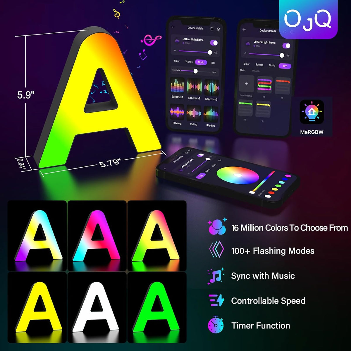 OJQ Light Up Letters LED Letter - Marquee Letters Room Decor Alphabet Letter Music Sync Color