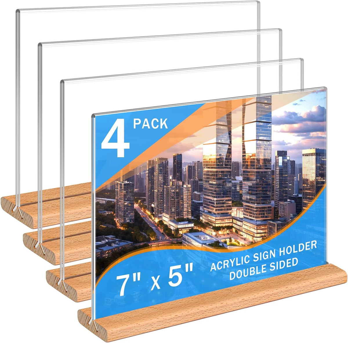 Kersally Acrylic Sign Holder 7 x 5'', 4 Pack Double-Sided Clear Table Display Stands with Wood