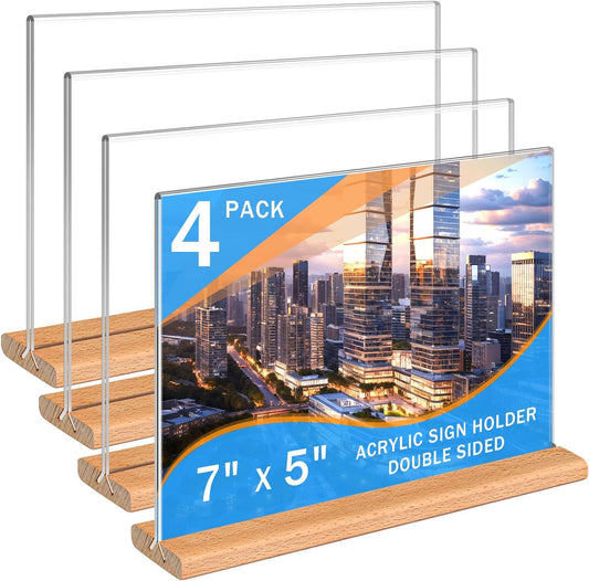 Kersally Acrylic Sign Holder 7 x 5'', 4 Pack Double-Sided Clear Table Display Stands with Wood