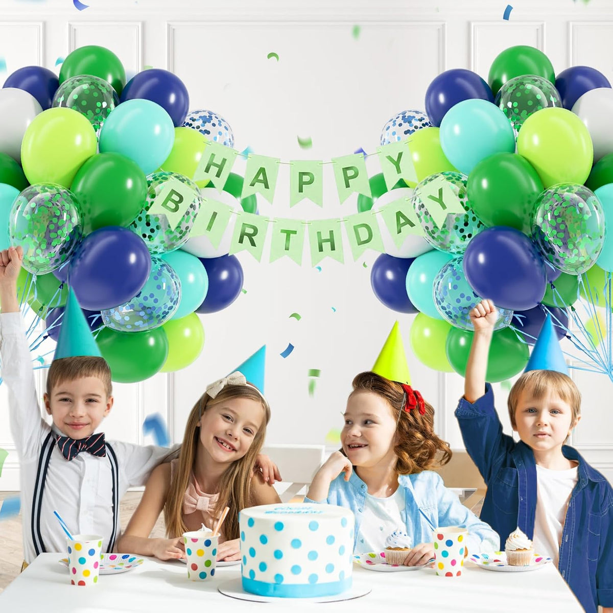 60pcs Blue and Green Balloons 12inch, Navy Blue Lime Green Teal White Confetti Balloons for