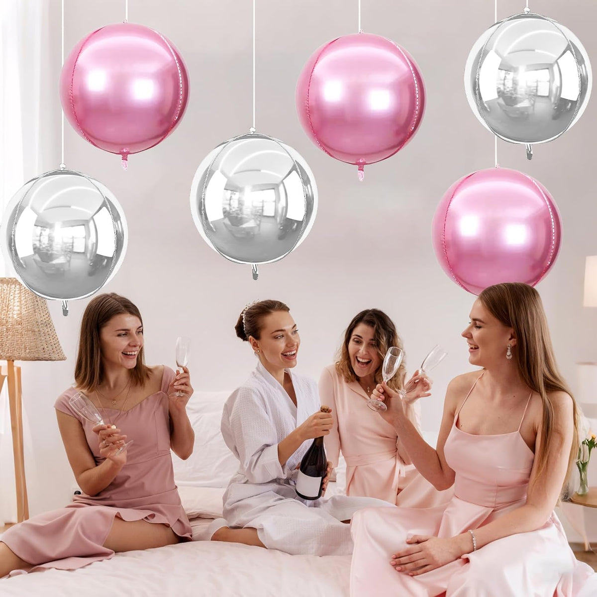 6Pcs Pink Silver Round Foil Balloons,Giant 4D Round Ball Balloon,22 Inch Metallic Pink Silver